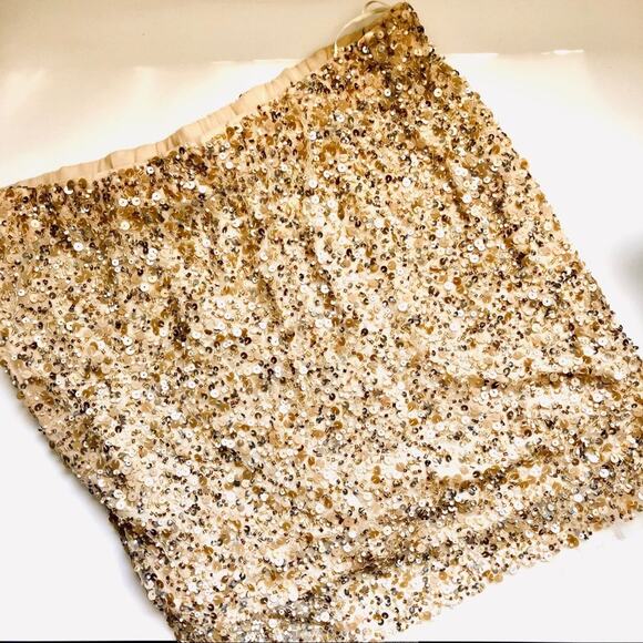 ZARA Woman Gold Tan Cream Sequin Sparkle Beaded Mesh Overlay Mini Skirt Small - Picture 6 of 8